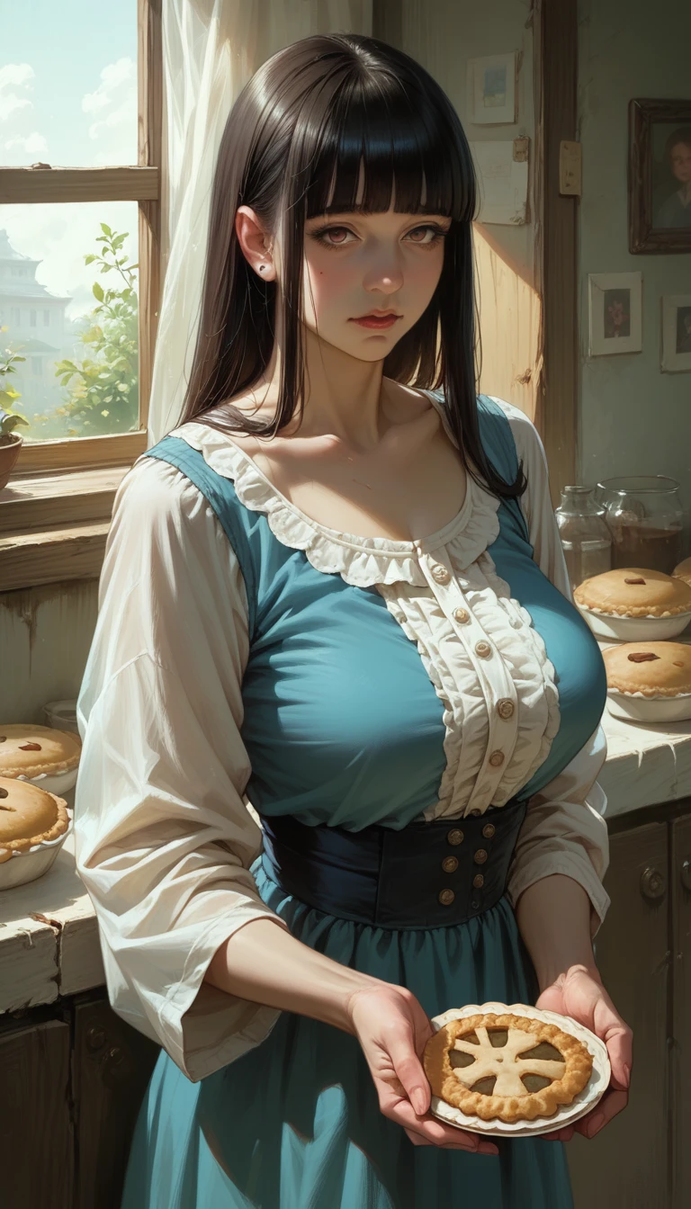 score_9, score_8_up, score_7_up, source_anime, realistic, busty mother, (blunt bangs hairs:1.2), (((mother occupies her son&#39;s face, stand up hips))), showing exposed nipples, in the kitchen