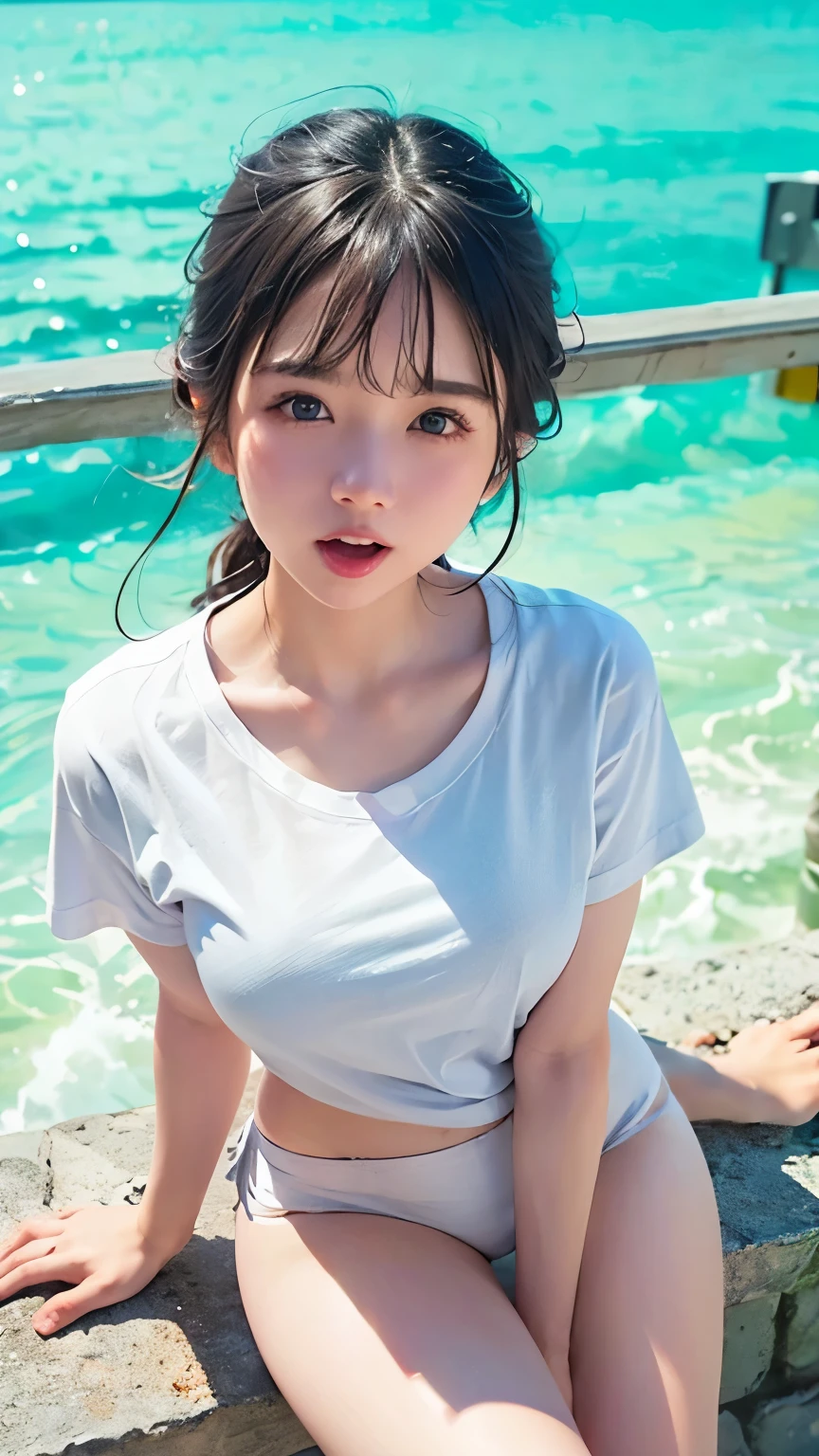 Beautiful and fair、Glowing Skin、Highest quality、Ultra-high resolution、masterpiece、, Beautiful clear grey eyes、Brown Hair、(((White T-shirt ,White panties:1.2))), blush, Open your mouth, (Showing tongue),Stick your tongue out cutely、Tehehei、Shooting from above:1.37、What to look up at、White cloud、blue sea、Sandy Beach、Palm tree、Resort、Cottage on the sea、Best Shadow、