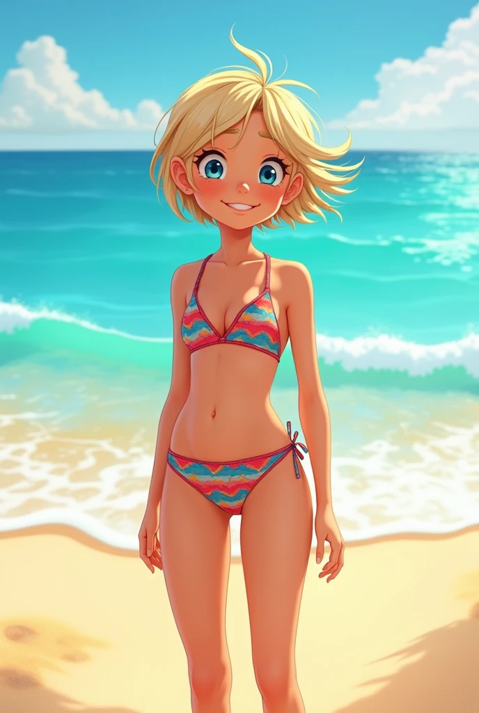 1girl,gyaru,flat chest,micro bikini,,smile,beach,full body shot,