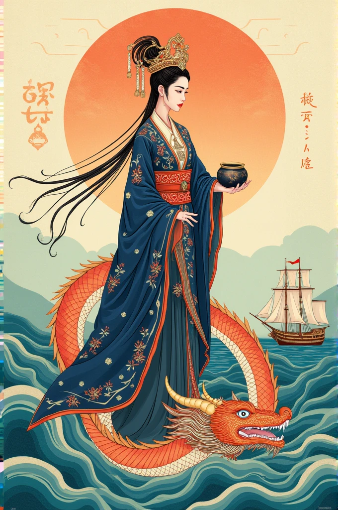 A colorful illustration of the mythical sea monster giant contractors with long hair, dressed in blue and green adorned with golden patterns. She gracefully hovers above an ocean covered in clouds, surrounded by water elements such as waves, fish, bubbles, and marine creatures, all rendered in intricate details and vibrant colors. The background features auspicious cloud motifs and traditional symbols like mountains and suns, creating a harmonious atmosphere in the style of Chinese illustrations