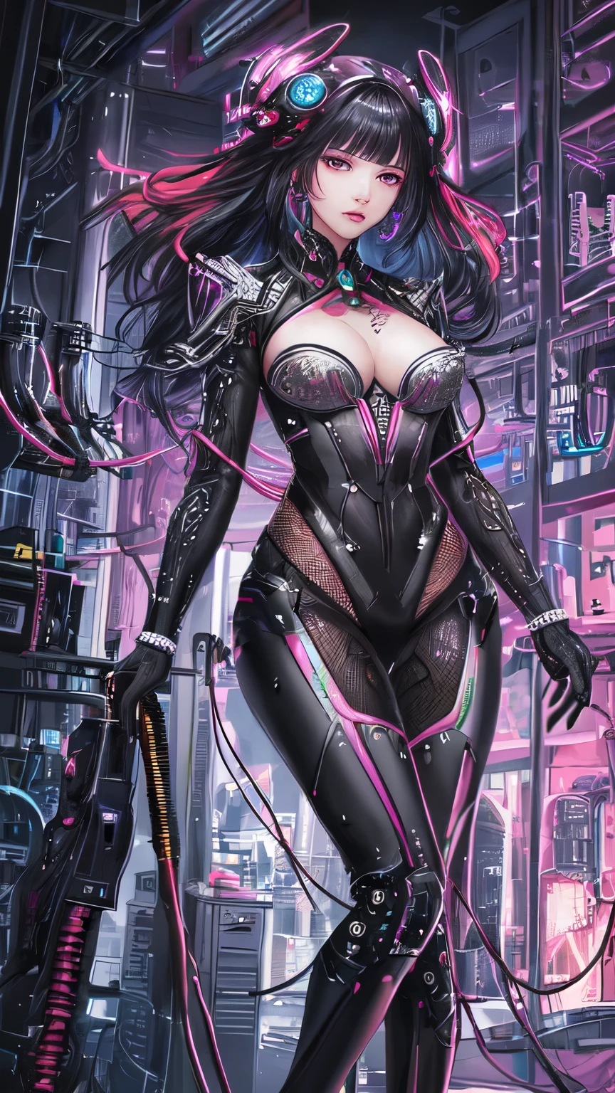 (masterpiece, best quality, detailed, (solo), (cyborg), robot limbs, Neon Light, skimpy, cute look, looking at viewer, CYBERGirl anime Beauty Cyborg ,perfect eye details Iris beautifully drawn in every detail ,Jewel-like eyes]],[long and beautiful eyelashes],[Meticulously drawn hair [Detailed details of beautiful and shiny hair]],(perfect hand details [Beautiful fingers, [Beautiful nails]]), neon bodysuit, perfect face, wiht skin, full body, purple black neon stripes, exposed skin, cyberpunk suit, waring suit, exposed breast, wihte skin, sharp edges, stands, stands and looks at viewer, 1 girl wearing purple black neon suit , breast, black