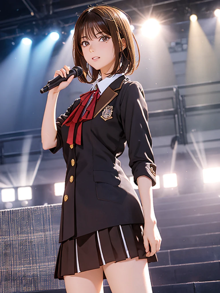 High resolution, 8k, Highest quality, detailed, Semi-realistic anime, Anime 3D Style, Smooth anime CG, One Girl, 20 year old Japanese woman, slim, Modeled, Shiny brown hair, detailedな顔, Beautiful and detailed, Glowing Skin, Hard Focus、Film Grain, Soft lighting, (Looking at the audience, Decent face,Concert Venues, Idol, Dancing in uniform, Short Bob, main character)