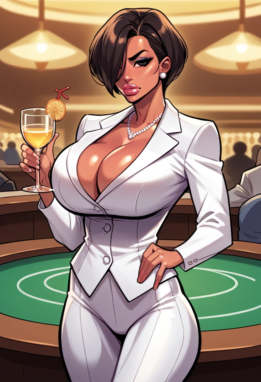 kiko, short hair, hair over one eye, asian, tanned skin, tanned, 35yo, mature woman, milf, serious, mad, dangerous, white female suit, cleavage, big breasts, suit pants, standing, serving drinks in a bar top of a casino, shiny design, cristal design, diamond pattern, elegant waitress