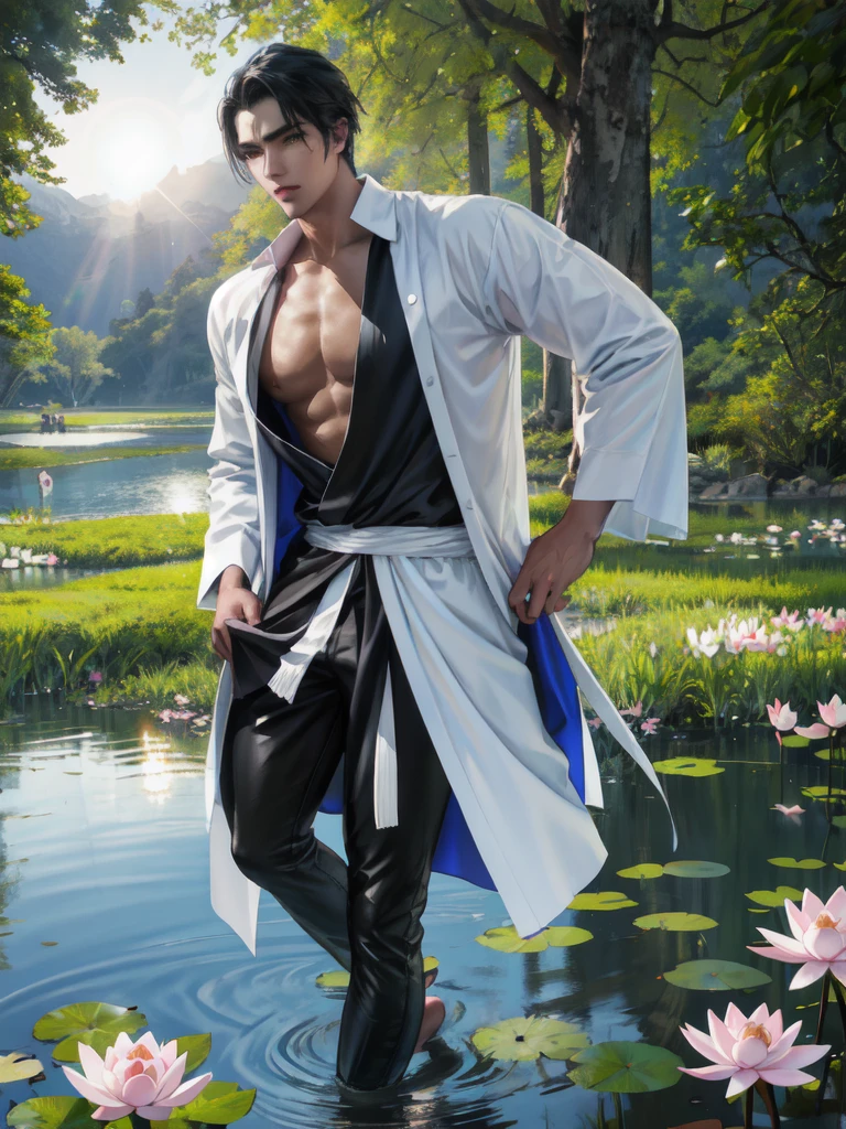 Handsome young man，positive face，Clear face，Handsome, dark skin, short black hair, cold eyes, wearing a closed-necked, long-sleeved Thai-style shirt, standing in a slightly sideways pose, one hand holding a sword at the side, scaled from head to knee. The scene behind is a lotus pond in the daytime, sunlight shining through.