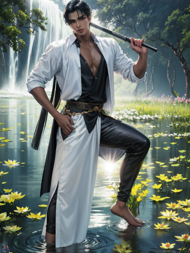 Handsome young man，positive face，Clear face，Handsome, dark skin, short black hair, cold eyes, wearing a closed-necked, long-sleeved Thai-style shirt, standing in a slightly sideways pose, one hand holding a sword at the side, scaled from head to knee. The scene behind is a lotus pond in the daytime, sunlight shining through.