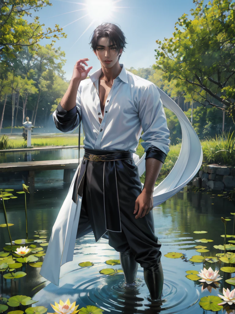 Handsome young man，positive face，Clear face，Handsome, dark skin, short black hair, cold eyes, wearing a closed-necked, long-sleeved Thai-style shirt, standing in a slightly sideways pose, one hand holding a sword at the side, scaled from head to knee. The scene behind is a lotus pond in the daytime, sunlight shining through.