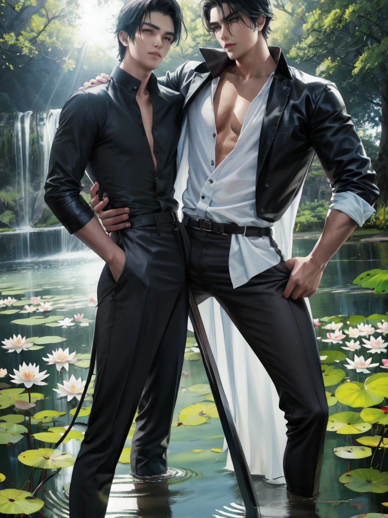 Handsome young man，positive face，Clear face，Handsome, dark skin, short black hair, cold eyes, wearing a closed-necked, long-sleeved Thai-style shirt, standing in a slightly sideways pose, one hand holding a sword at the side, scaled from head to knee. The scene behind is a lotus pond in the daytime, sunlight shining through.