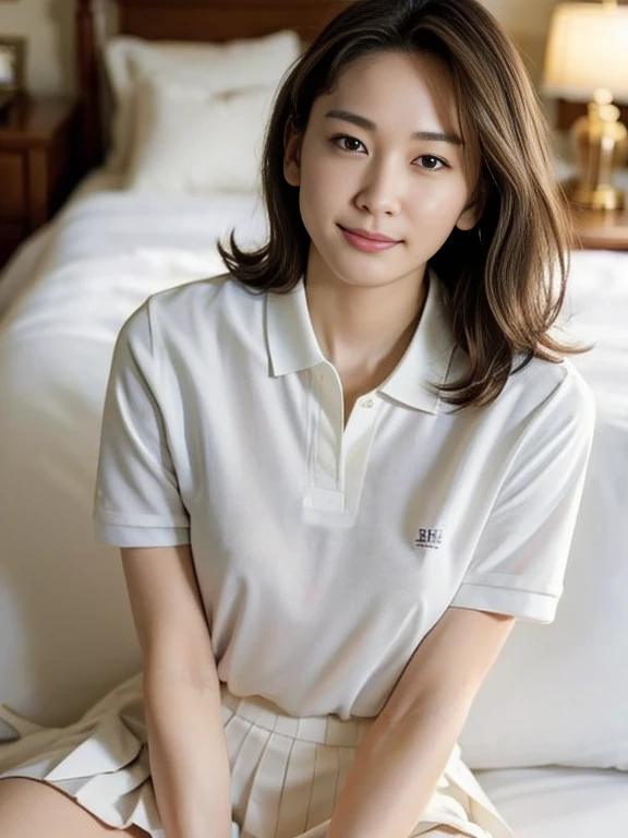 (Masterpiece, Best quality: 1.4), (Ultra realistic, Photo-realistic: 1.2), From above, From side, Sitting, Looking at viewer, Natural light, 28 years old actress, Japanese women, Neat and clean, ((Wearing white tennis uniform, White short-sleeve polo shirt with collar, Not buttoning the polo shirt, White pleated tennis skirt: 1.3)), (Wearing white sock: 1.2), (Ponytail: 1.2), (Beautiful face), Oval face, clear, Beautiful eyes, Kind eyes, Clear skin, Small face, Beautiful mouth, Small mouth, Natural makeup, Approachable, Seductive smile, (Seductive pose: 1.4), (Beautiful thighs: 1.2), (Bedroom eyes: 1.1), Embarrassed, Blush, Luxury hotel Suite room, On bed,