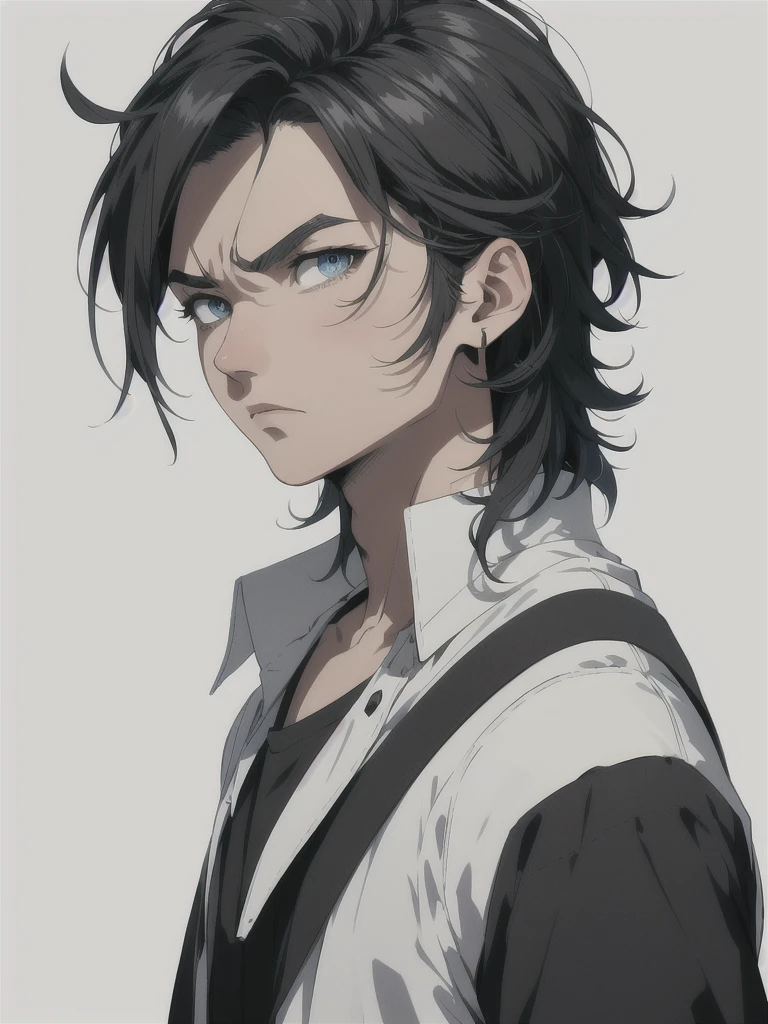 solo, man,side burns, classic side part,  Blue eyes, Korean, Casual clothes, shirts, anger, Masterpiece, high quality, 2D, handsome, minimal art, line drawing, Black and white art:1.2,