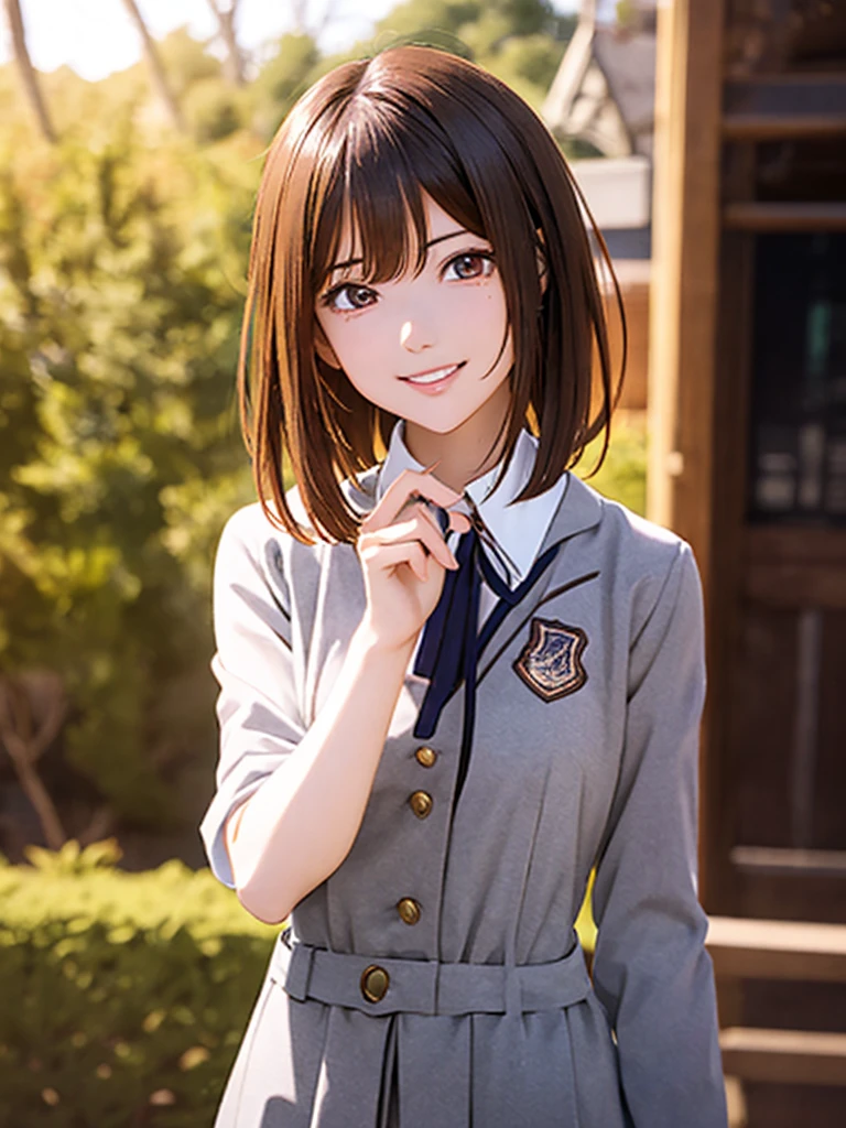 High resolution, 8k, Highest quality, detailed, Semi-realistic anime, Anime 3D Style, Smooth anime CG, One Girl, 20 year old Japanese woman, slim, Modeled, Shiny brown hair, detailedな顔, Beautiful and detailed, Glowing Skin, Hard Focus、Film Grain, Soft lighting, (Looking at the audience, smile,Concert Venues, Idol, Dancing in uniform, Short Bob, main character)