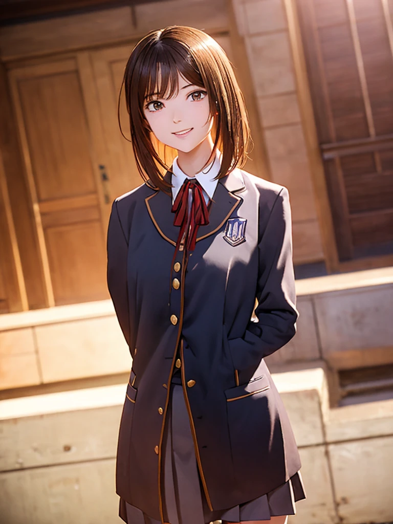 High resolution, 8k, Highest quality, detailed, Semi-realistic anime, Anime 3D Style, Smooth anime CG, One Girl, 20 year old Japanese woman, slim, Modeled, Shiny brown hair, detailedな顔, Beautiful and detailed, Glowing Skin, Hard Focus、Film Grain, Soft lighting, (Looking at the audience, smile,Concert Venues, Idol, Dancing in uniform, Short Bob, main character)