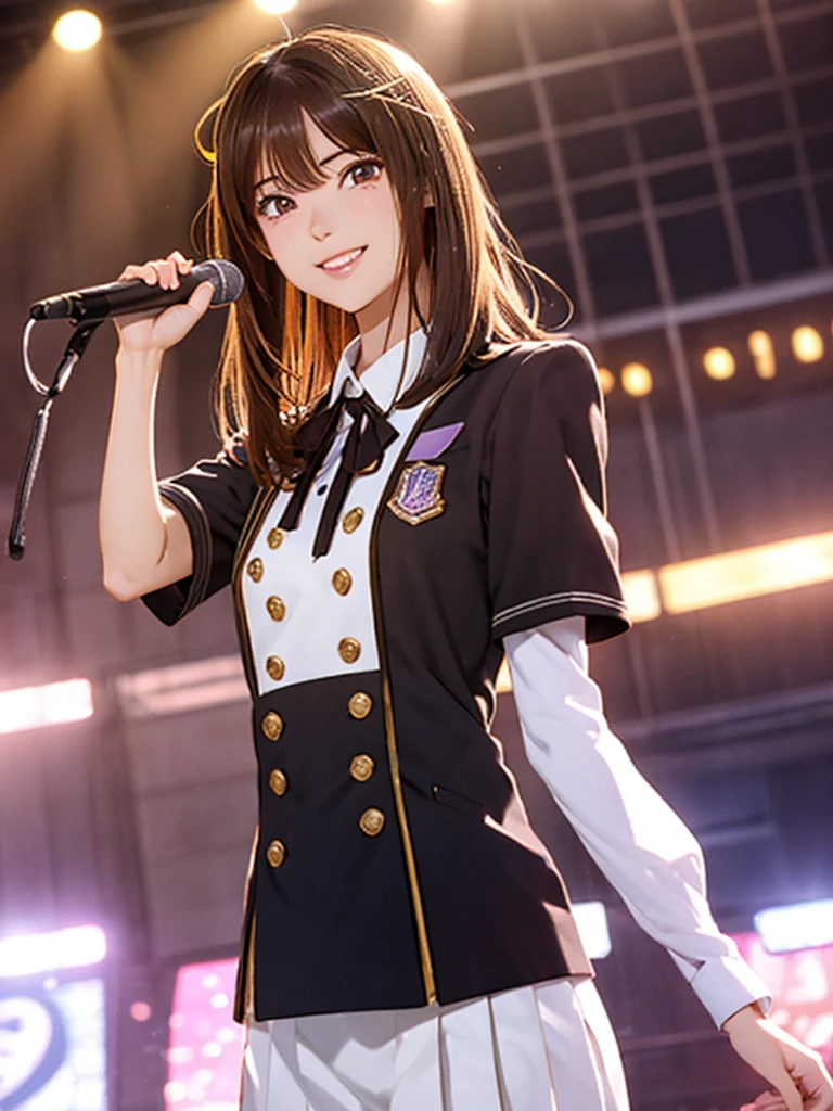 High resolution, 8k, Highest quality, detailed, Semi-realistic anime, Anime 3D Style, Smooth anime CG, One Girl, 20 year old Japanese woman, slim, Modeled, Shiny brown hair, detailedな顔, Beautiful and detailed, Glowing Skin, Hard Focus、Film Grain, Soft lighting, (Looking at the audience, smile,Concert Venues, Idol, Dancing in uniform, Short Bob, main character)