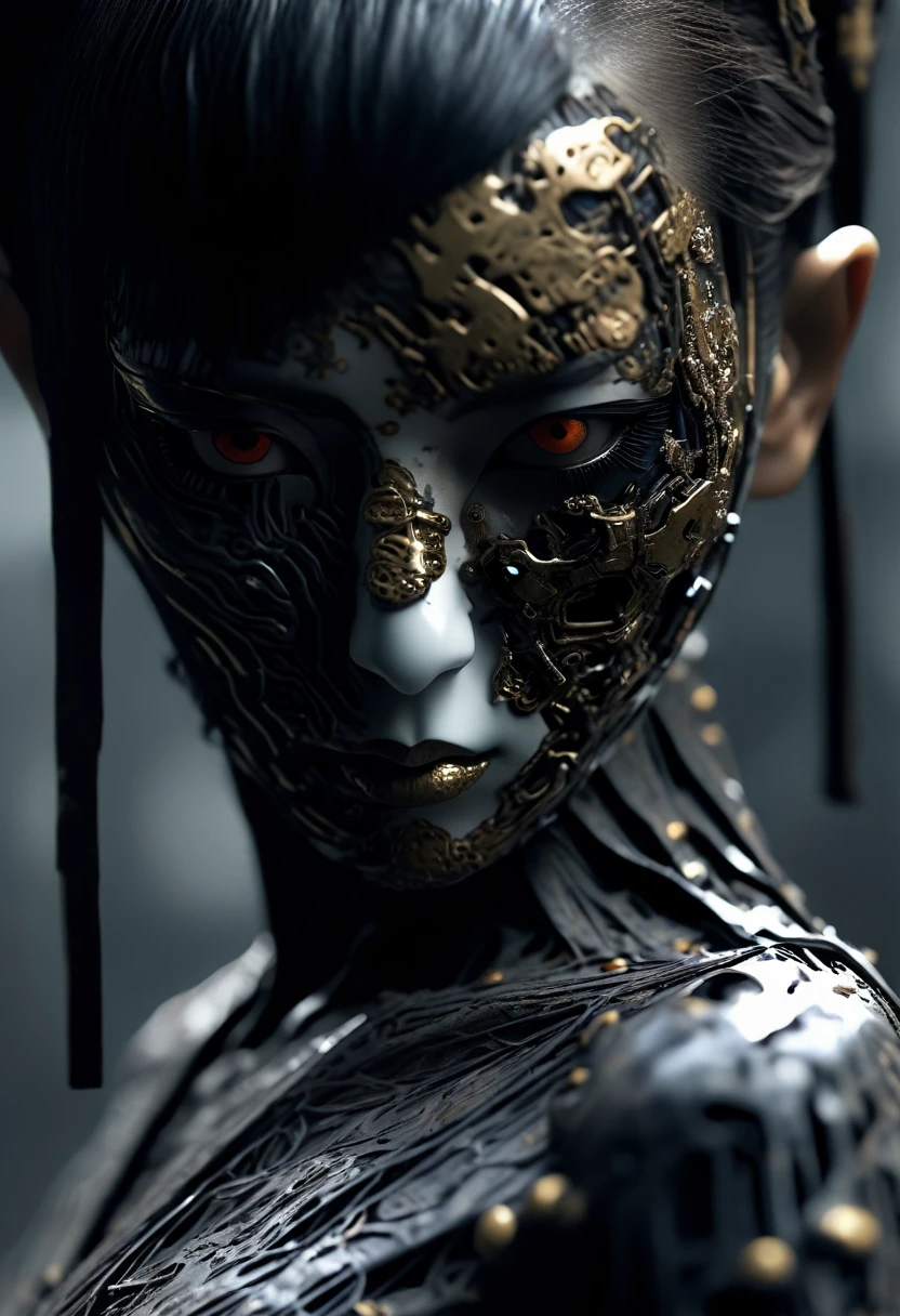 (cyborg geisha cybernetic organism 32k--9:16 --ar) carbon fiber mask, hires professional photography of the highest quality, beautiful face shape, perfect anatomy, expressive gaze, dark sci-fi swamp of rotten flowers, misty fog, tattooed cyborgs- geishas, ​​blood, withered flowers, brown, black  gold filigree, minimalism. (cyborg geisha cybernetic organism full-length, wide angle, centered, no cropping) - AR 9:16 --ar 9:16 --style raw --stylize 1000.Christophe M.
