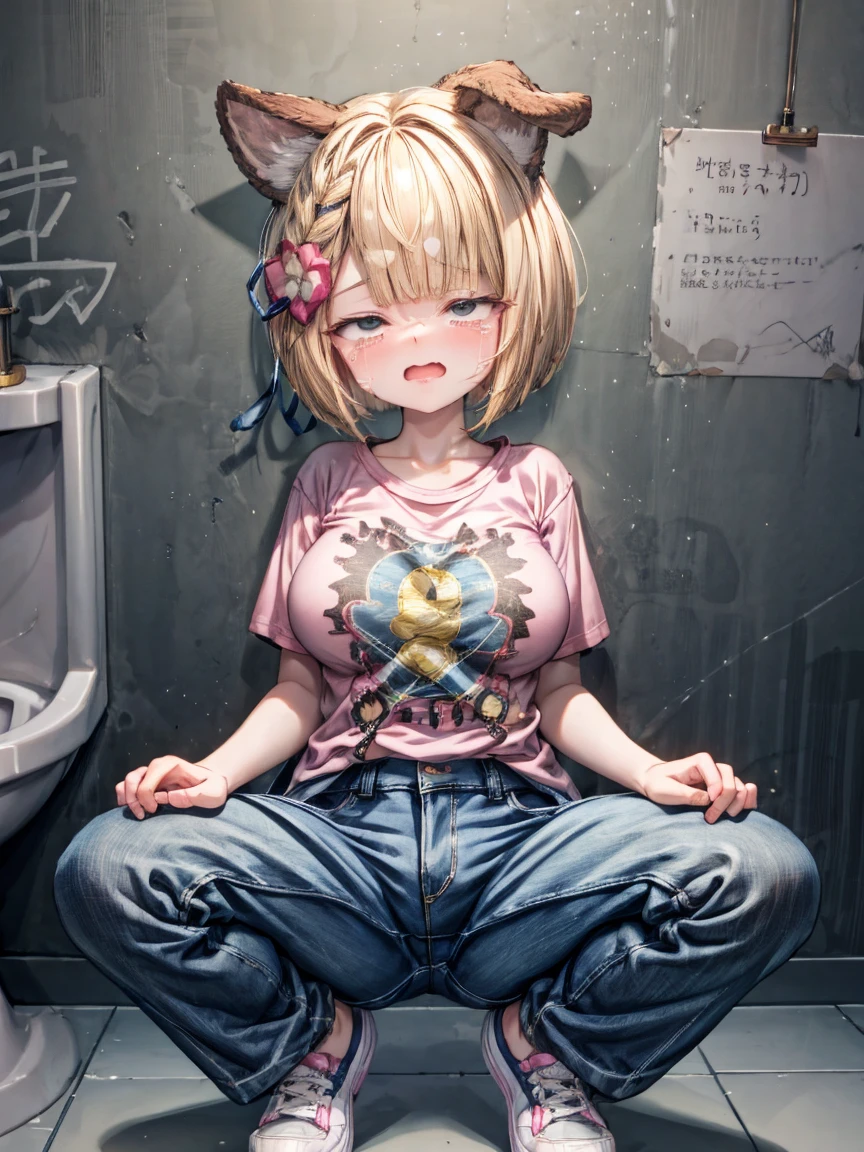 (masterpiece, Highest quality:1.2)、girl、(Eyes half closed)、(tears:1.4)、[:(Detailed face:1.2):0.2]、(Big Breasts)、(Pink T-shirt:1.3)、(Denim pants)、squat、toilet、graffiti