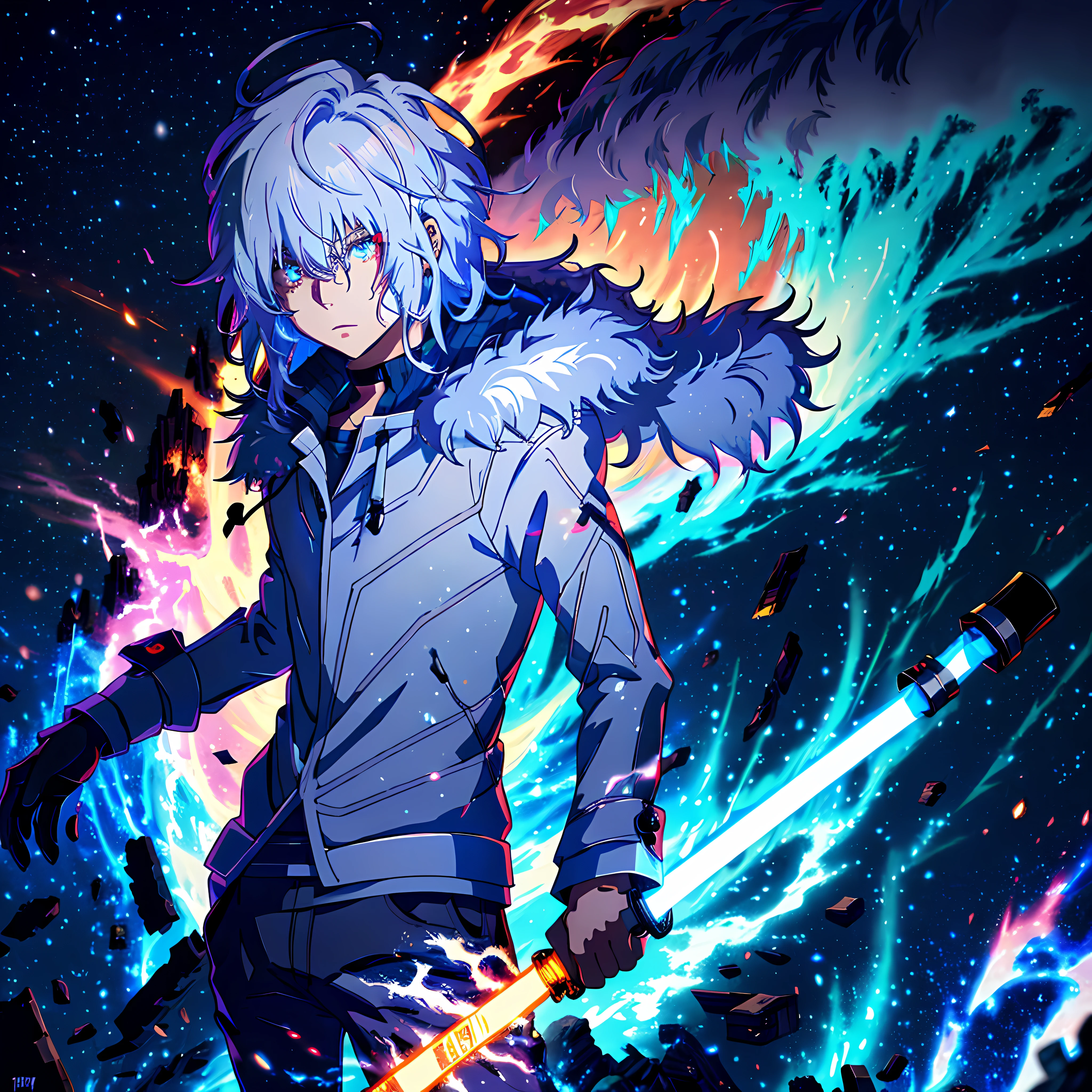 Anime humanoid monster, character design, wearing a fur coat, holding a lightsaber, dark, serious face, boy, messy untended hair, hair covering right eye, bright eye color, red and blue eyes, (white hair), close-up, creating cracks in reality, powerful aura, destroyed city, very dark, night, 8k, 64k, hd, unparalleled masterpiece, dynamic lighting, movie, epic Digital art of the highest quality, Stunning art, wallpaper 4k, super detail, Maximum resolution