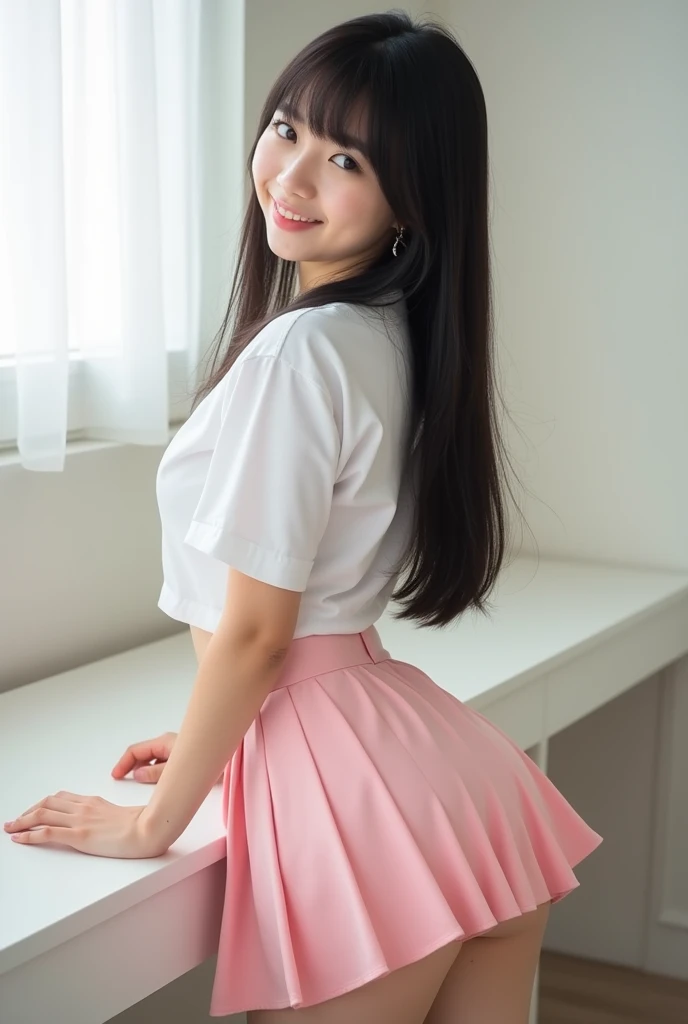(15 year old girl:1.3),(young and fresh:1.3),(very long hair:1.3),(fleshy buttocks:1.3),(fleshy-chested ass:1.3), (big hip:1.3),(smile:1.1),(sexy panties:1.3),(white panties:1.2),(realistic silk panties:1.3),(double eyelids:1.3),(long eyelashes:1.3),Japanese school uniform,(Looking directly at Viewer:1.3),32K, masterpiece, Raw photo, Best Quality, Photorealistic, Highly detailed CG Unity 32K wallpaper,(Extremely beautiful face, Beautiful lips, Beautiful eyes, beautiful teeth), detailed teeth, intricate detailed face, ((Ultra detailed skin)) 1girl in, Cutest Pretty Japanese girl, Super idol, 1 girl,(Happy smile), Clear eyes, (pale skin), (Big eyes:1.2), (Brown hairs), thick thighs, ,balanced elegant face, drooping eyes