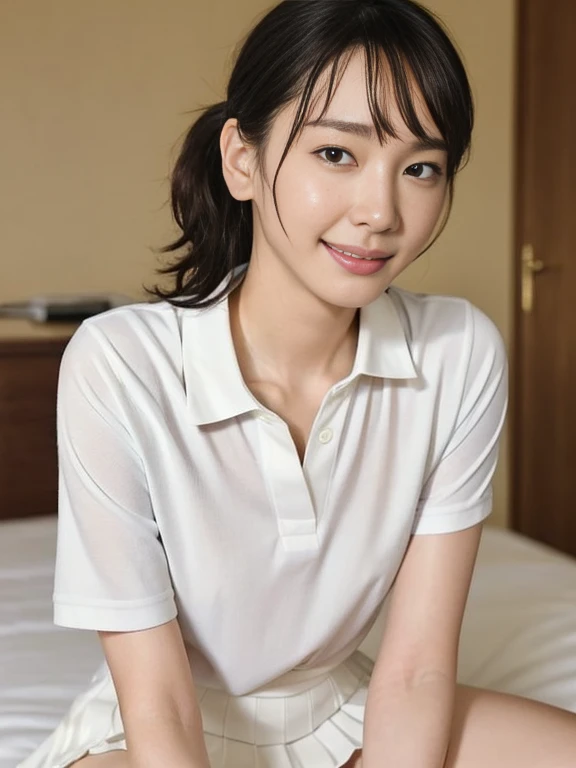 (Masterpiece, Best quality: 1.4), (8k, RAW photo: 1.2), (Ultra realistic, Photo-realistic: 1.2), Anatomically correct, Attention to detail, Extremely detailed 8k wallpaper, Depth of field, natural Light, Full body, kneeling, Looking at viewer, 28 years old actress, Japanese women, Neat and clean, ((Wearing tennis wear, White short-sleeved polo shirt with collar, White tennis Skirt, Pleats white skirt: 1.2)), (Short hair), Ponytail, (Beautiful Face), Ultra detailed face, Oval face, clear, (Beautiful Eyes, Beautiful detailed eyes, Kind eyes), (Clear skin, Shiny skin: 1.1), Small face, Small mouth, Beautiful mouth, Natural Makeup, Approachable, Beautiful thighs, Hotel rooms, On bed, White socks, Seductive smile, Bedroom eyes,