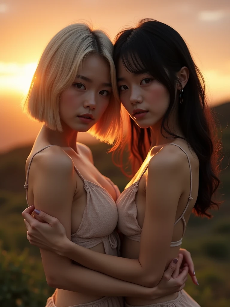  2 two Nude girl, sexy , full body , 3 fingers , Ginger dark skin, oiled body, blessing body, round shaped small breasts, 8k ultra quality, Starfall, alien attack Alien on mars