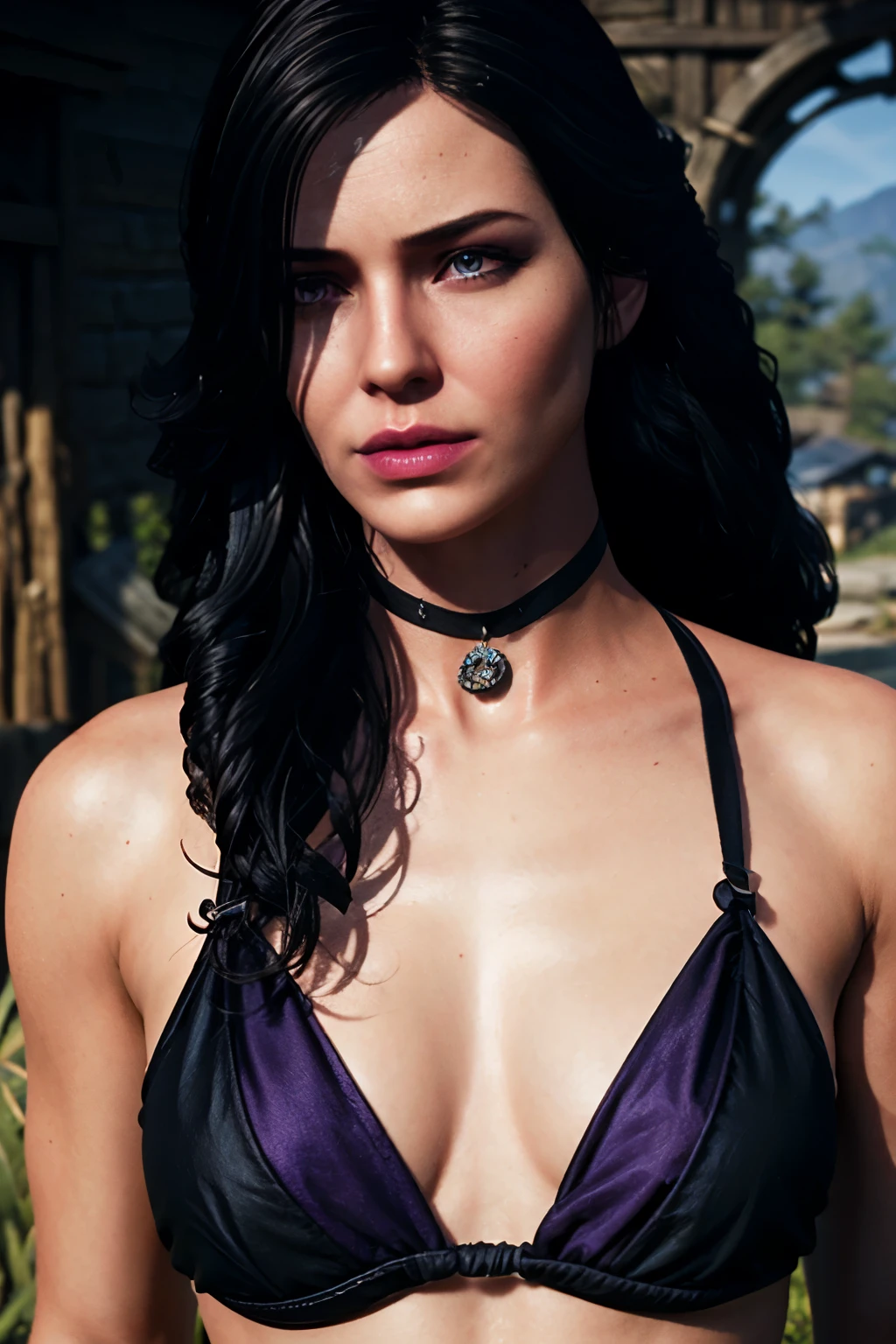 ((a close up of a yennefer with black hair and purple eyes)),(the Witcher armor),(the witch),, dark magic,,beautiful detailed eyes,beautiful detailed lips,extremely detailed eyes and face,longeyelashes,muscular body,massive perfect breast,stunning character art,dark gothic style,(best quality,4k,8k,highres,masterpiece:1.2),ultra-detailed,(realistic,photorealistic,photo-realistic:1.37)