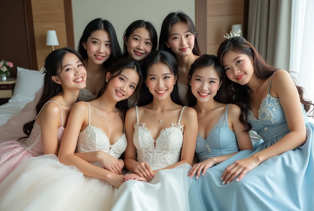 10 Beautiful Brides. The first and second Thai brides are sisters, 18-19 years old, wearing white and gold wedding dresses with Thai patterns. The third and fourth Lao brides are sisters, 18-1, wearing silver-white lace wedding dresses. The fifth and sixth Japanese brides are sisters, 19-20 years old, wearing gray cloud-patterned wedding dresses. The seventh and eighth South Korean brides are sisters, 20-21 years old, wearing pink wedding dresses with swan patterns. The ninth and tenth Taiwanese brides are sisters, 20-2, wearing blue wedding dresses. The brides are lying on the bed wearing thin nightdresses, posing for pictures, smiling beautifully.