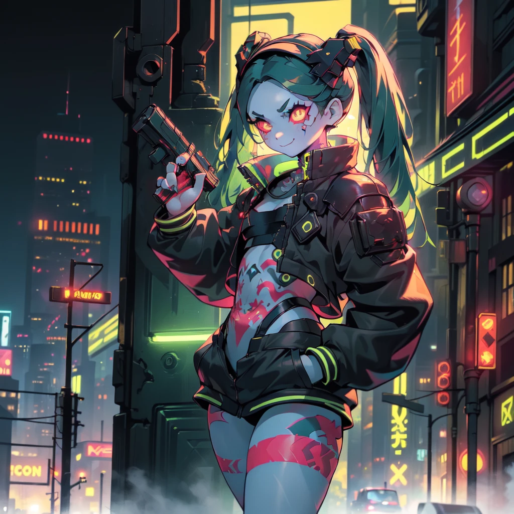 night, Cyberpunk City,,(alone,whole body, Rebecca, Yellow Eyes, Machine Eyes, Red sclera, Twin tails, leg tattoo, Skin of color, tattoo, small, Black hair band, Green Hair, neck tattoo, small胸, headgear, Long Hair, stomach tattoo), ((masterpiece)), Highest quality、Butt、Sticking out tongue, Fearless smile