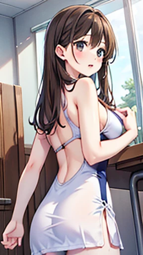 (masterpiece, Highest quality, Absil Dress, Game CG, figure), One girl, alone, mayu kuroe, Beautiful attention to detail, Are standing, School corridor, One piece swimsuit, Looking back at the audience, surprised, Shocked,Large Breasts