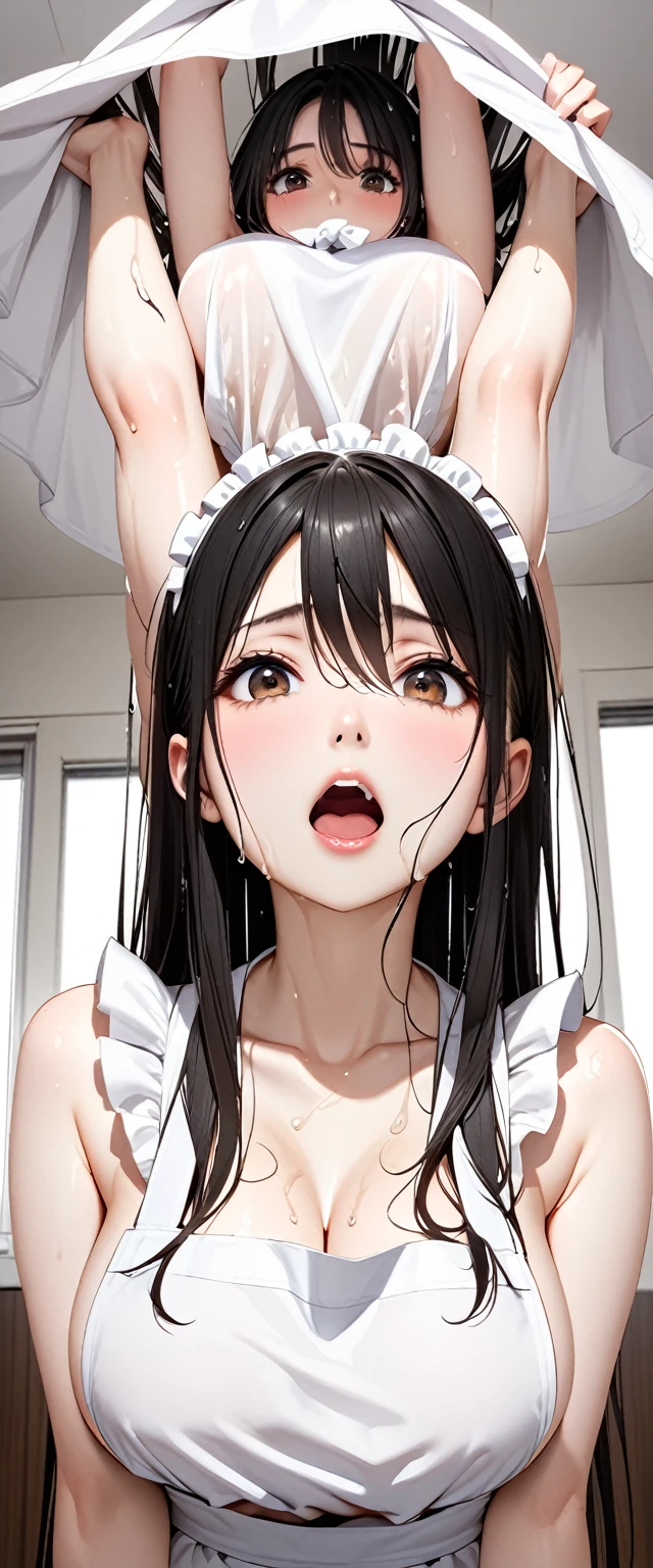 nsfw,(Small breasts)、pubic hair、masterpiece、8k、Realistic photo、Highest quality、High resolution、Open-air room、Professional Lighting、Neat and Clean Sister、Medium length black hair with nuance、Half Up、As if looking up from below、Blushing、Showing off breasts、The gesture of having the audience milk her、Facial expressions that have reached orgasm、Exposing the nipples、(breast sucking another:1.2),