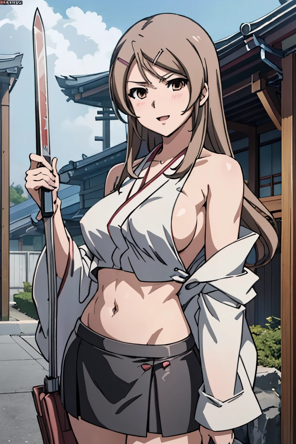 seryuuubiquitous, seryuu ubiquitous, long hair, brown hair, (brown eyes:1.3), medium hair,, masterpiece, best quality, highly detailed, a anime girls in kimono dress with a sword posing for a
picture, bare shoulder,open kimono, evil smile, open mouth, crop top , (nsfw) not safe for work, smile,
ecchi anime style, anime girls, ecchi style, ecchi, digital anime art!!, in anime style, official artwork, visual
novel cg, beautiful anime girl, anime style 4 k, kimono pencil skirt, exposed belly, exposed navel,
exposed midriff, exposed lower belly, outdoor, japanese architecture, temple