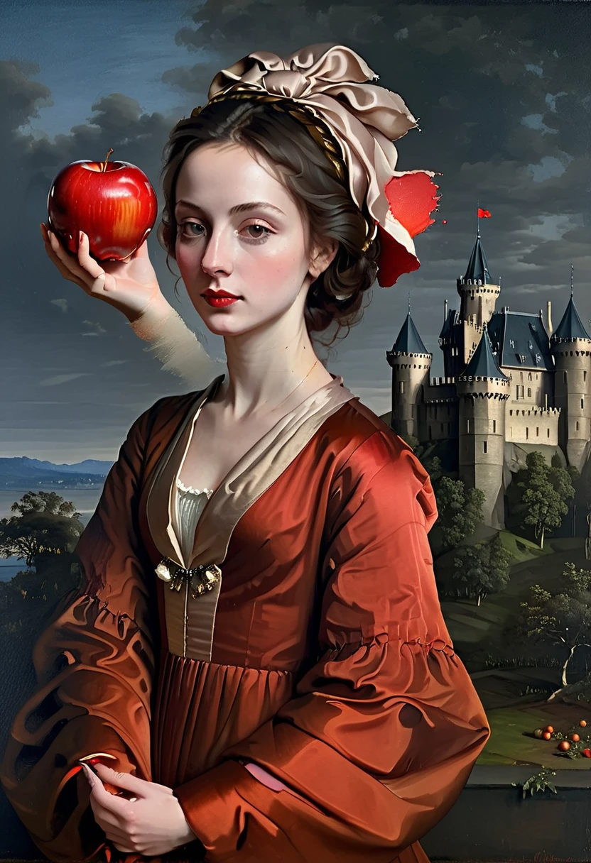 Painted standing women holding Red Apple, and a castle in the background. oil painting, Renaissance style, chiaroscuro, dark background, rich fabrics, soft lighting, fine details, muted colors, dramatic contrast, 17th century fashion, Dutch Golden Age, portrait, side profile, high-quality, masterpiece, classical art