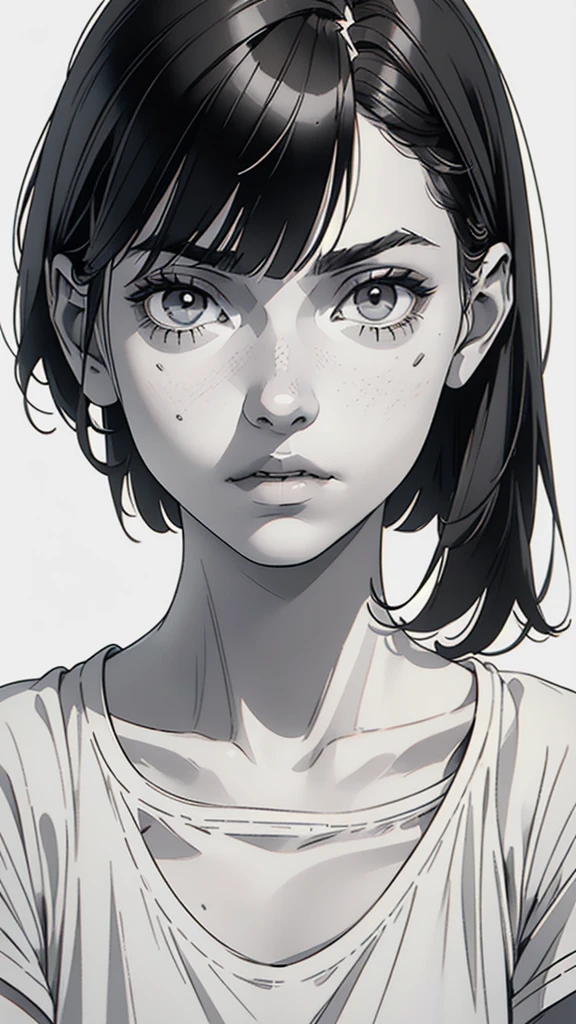 1 boyish girl wearing a white t-shirt, solo, sharp eyes, monochrome, greyscale, shoulder length black bangs hair, portrait, (blank normal white T-shirt), Thin eyebrows, closed mouth, looking at viewer, detailed lips, hatching \(texture\), without makeup, upper body, (best illustration), (best quality), (very detailed), (masterpiece), expressionless,