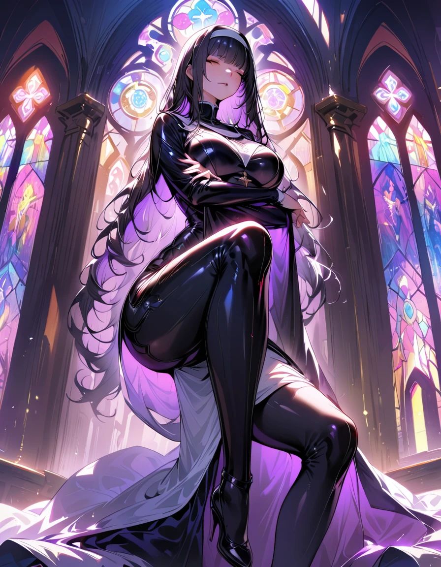 1 mature woman,(Highest quality,Extremely detailed depiction,Incredibly absurd high resolution,Anatomically accurate depiction,Curvy Legs,Shiny skin,Porcelain-like skin,Perfect body),(Nuns,Intricately crafted robes,black tights),eyelash,(Eyes closed,Large Breasts,shiny black lips,Prayer posture),whole body,background:Chapel,Backlight:1.3,Stained glass