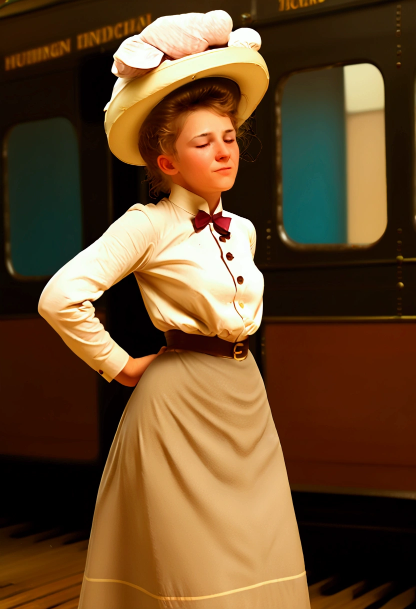 Year 1901. A pretty 14yo teenage Gibson Girl (((being dry-humped by a horny 69yo gentleman:1.5))) inside a train car. The girl wears a Victorian high-collar long sleeve shirtwaist, cameo brooch, floor-length skirt and a large wide-brimmed picture hat topped with feathers, ribbons and flowers, gorgeous face, long hair styled into a pompadour. The aged man wears a three-piece business suit with a starched collar and a bowler hat. The girl bites her bottom lip. (((1 man, 1 girl, NSFW))). 1900_dr3ss.