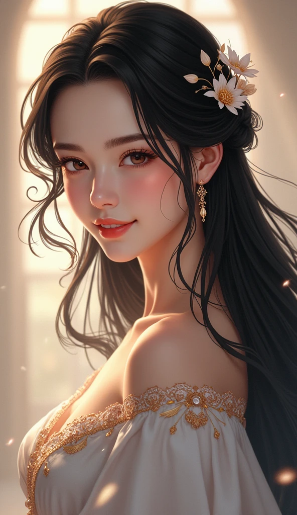 1girl, High Resolution, Long Hair, Black Hair, Hair Ornament, Solo, Looking at viewer, Smile, lovely queen, ear rings