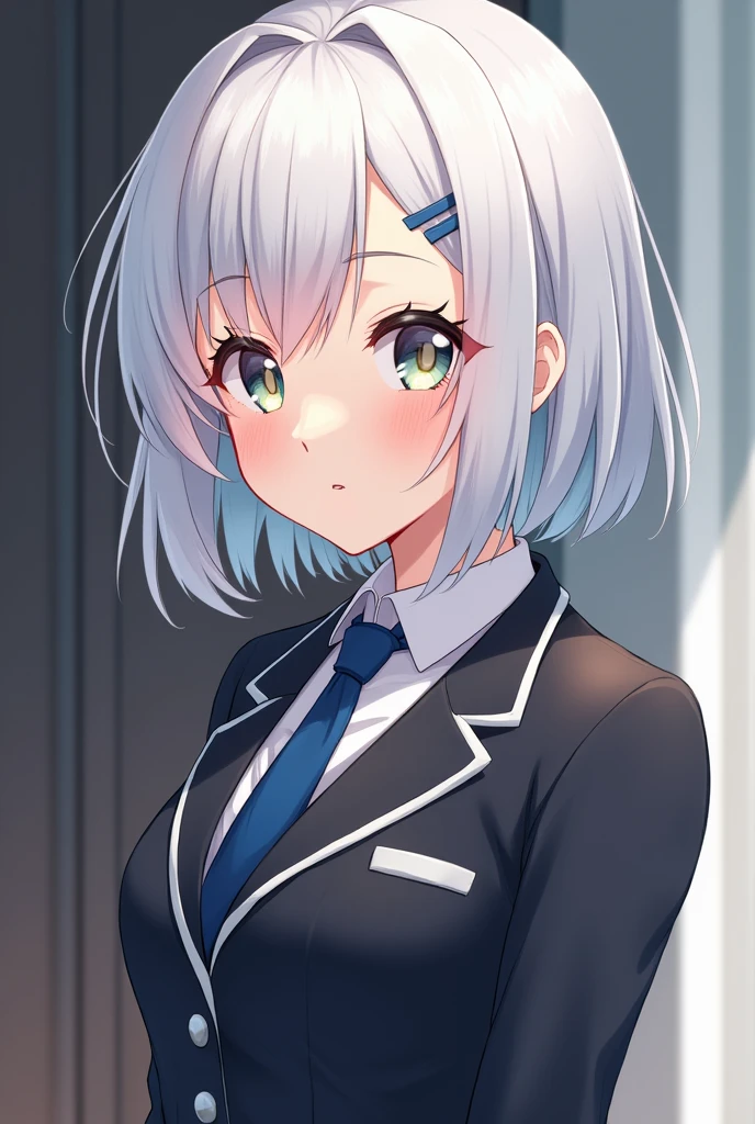 In the anime-style image, a young woman with short white hair can be ...