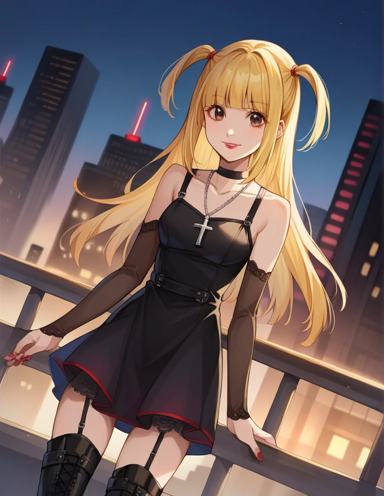 score_9, score_8_up, score_7_up, source_anime,
misaamane, misa amane, long hair, bangs, brown eyes, yellow hair, blunt bangs, two side up, red lips, lipstick, smile,
thighhighs, dress, jewelry, collarbone, boots, detached sleeves, choker, black thighhighs, necklace, black footwear, black dress, sleeveless dress, garter straps, black choker, short dress, floral print, cross, red nails, cross necklace,
outdoors, cityscape,
looking at viewer, dutch angle, cowboy shot