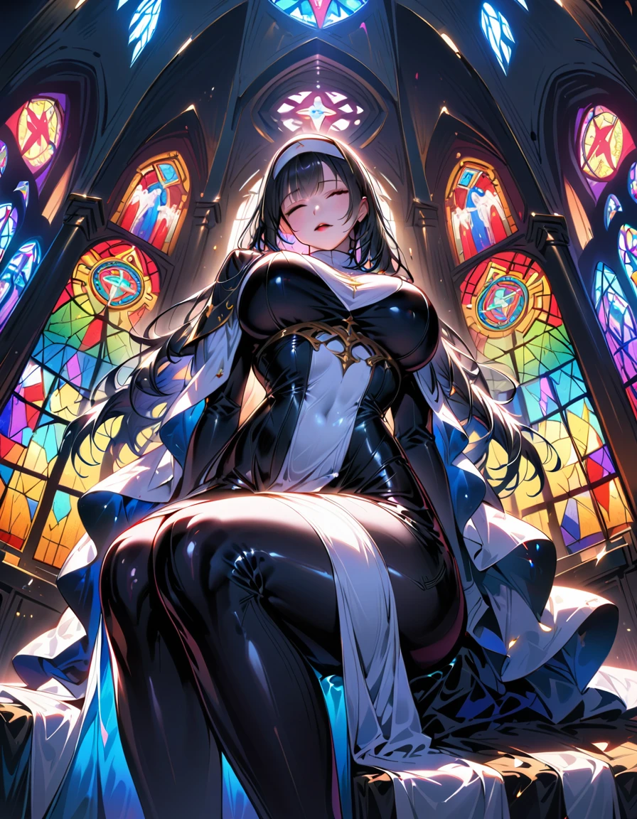 (high resolution, The pixels are perfect, luxurious illustration), (hyper qualit, Masterpiece, Ethereal: 1.4), (((see-through Tabad:1.4))),nun,(((Completely naked ))),(((a Hand between legs))),(Dripping milk),in church),((Naked Carmelto)),Mature female,Black areola,female pubic hair,(((The breasts seem to overflow from Tabad))),wetted skin, (((A MILF: 1.4))), (Curvy:1.35),((((Dark skin)))),Long hair,Curvy physique, Thick body,((Sexual suggestiveness)),((blush)),((roll eyes)),high-heels