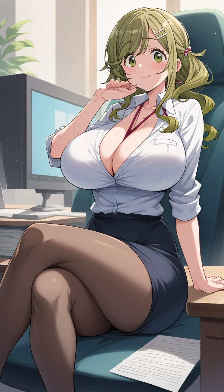 Score 9, Score 8 up, Score 7 up, The evaluation is questionable,
Detailed Background, Glowing Skin,Inuyama_aoi, Huge breasts,one woman,secretary,cleavage between breasts,crossed legs,sitting in a chair,,large breasts,short of a person,whole body,thin,naughty expression,from front,in the office,anime style,high quality,masterpiece,highly detailed