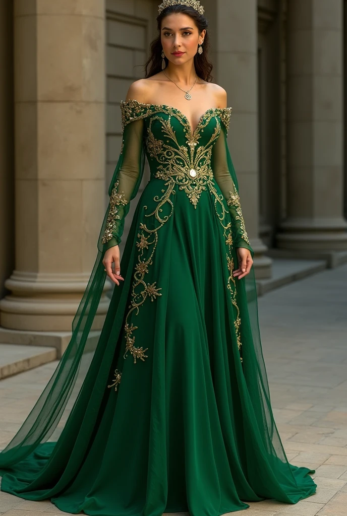 A beautiful russian girl wearing dark green and golden dress, pointing both hand in opposite direction showing viewers