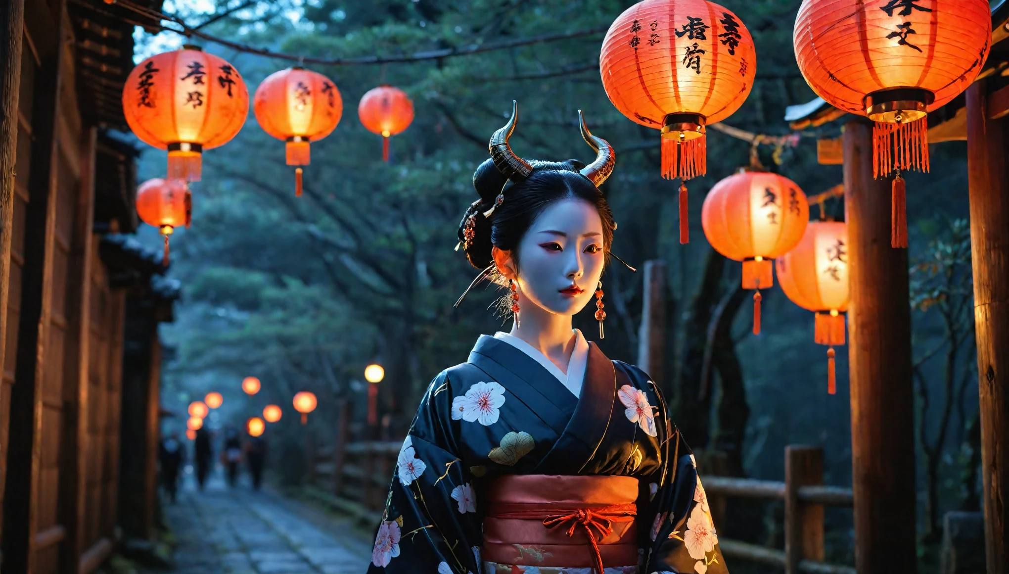 night、A landscape illuminated by lanterns、Earrings、hair ornaments、An image of a female android with demon horns wearing a kimono dress stalking a Kyoto shrine has been created。The style is also terrible.、人間とrobotの融合は美しさの中に神秘的でSpooky atmosphereがある。Torii gate in the background、There is a shrine in Kyoto。機械でできたLong neckを持ち、Wearing a mask。Imagine a strange and creepy picture - Al 9:16。 Spooky atmosphere、Fusion、Horror、Japanese cityscape、Long neck、robot、at 6