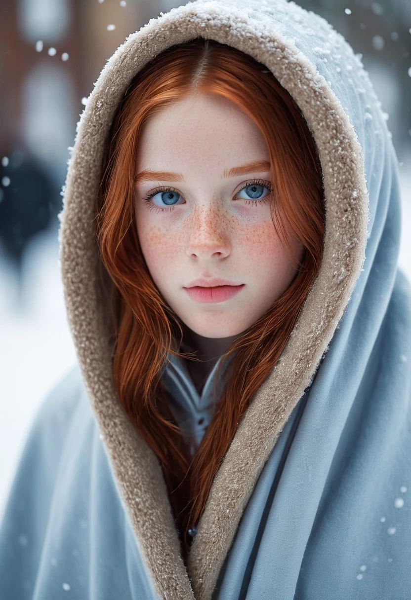 photograph of a cute tween girl, red hair, pale skin, freckles, blush, innocent,  and youthful face, silver blue eyes, wearing a cloak, city christmas festival, snowfall, Porta 160 color, shot on ARRI ALEXA 65, bokeh, sharp focus on subject, shot by Don McCullin, nsfw, (natural skin texture, hyperrealism, soft light, sharp), (perfect round eyes:1.3), Capture the essence of her beauty, Enrich the composition with soft, diffused natural light that accentuates the textures and colors, creating a timeless and culturally rich image