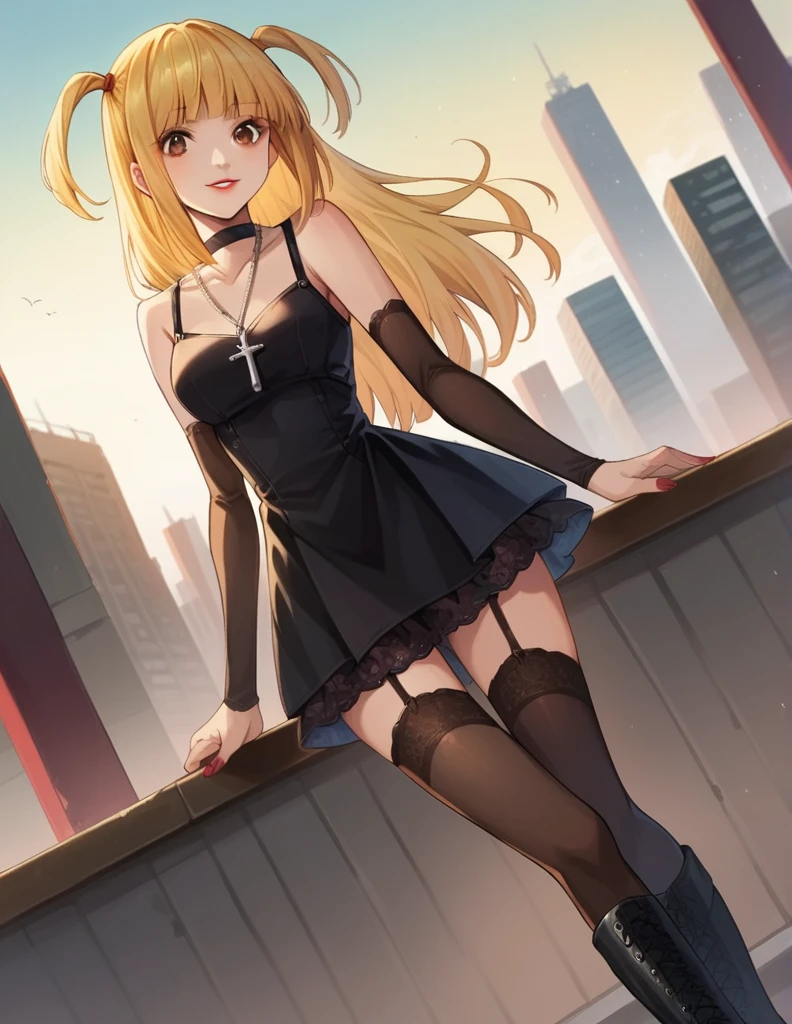 score_9, score_8_up, score_7_up, source_anime,
misaamane, misa amane, long hair, bangs, brown eyes, yellow hair, blunt bangs, two side up, red lips, lipstick, smile,
thighhighs, dress, jewelry, collarbone, boots, detached sleeves, choker, black thighhighs, necklace, black footwear, black dress, sleeveless dress, garter straps, black choker, short dress, floral print, cross, red nails, cross necklace,
outdoors, cityscape,
looking at viewer, dutch angle, cowboy shot