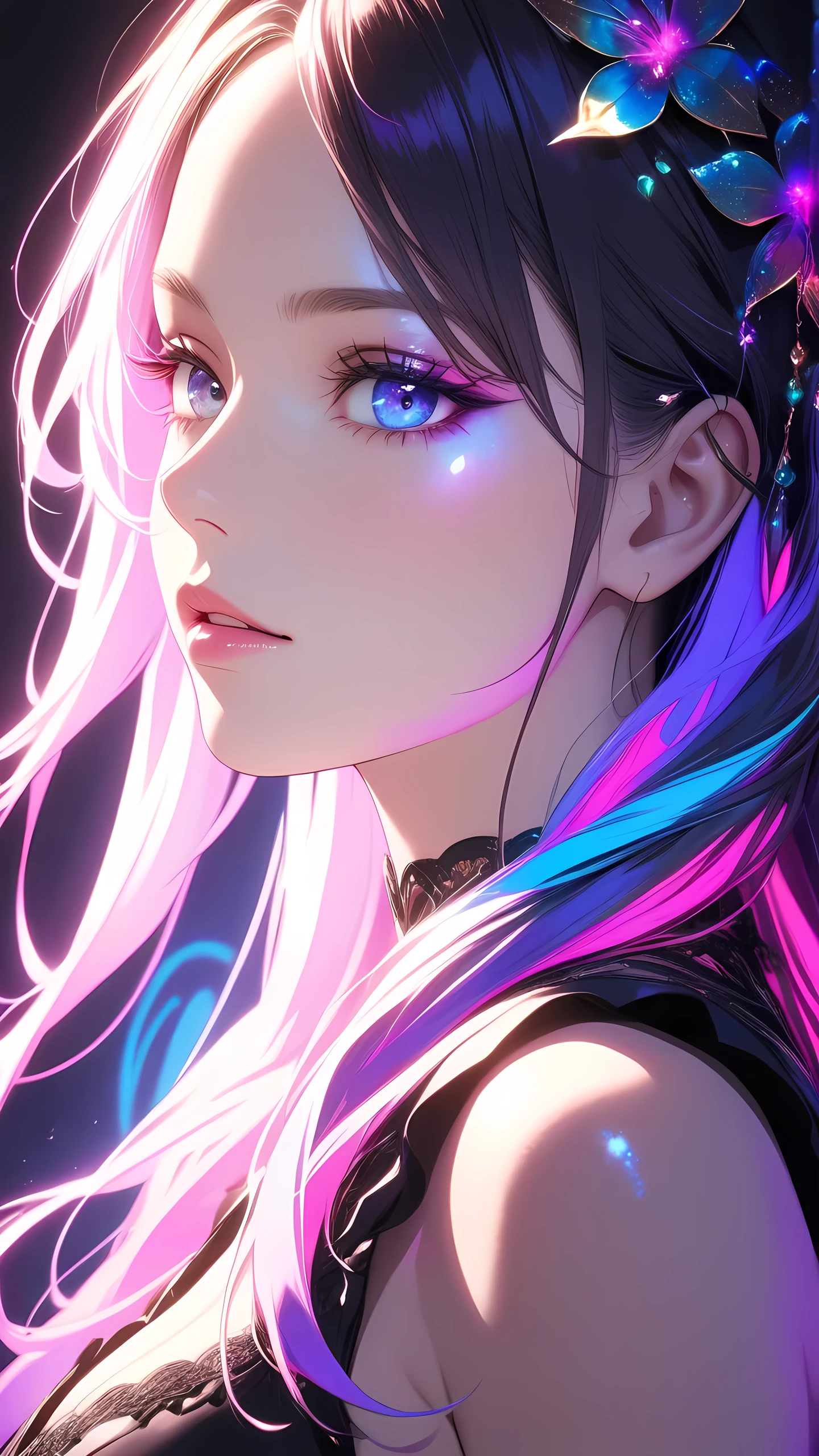 1girl, backlighting, blacklight, beautiful detailed eyes, beautiful detailed lips, beautiful detailed face, long eyelashes, glowing skin, ethereal, mystical, surreal, dramatic lighting, neon, ultraviolet, psychedelic, vibrant colors, high resolution, cinematic, atmospheric, photorealistic