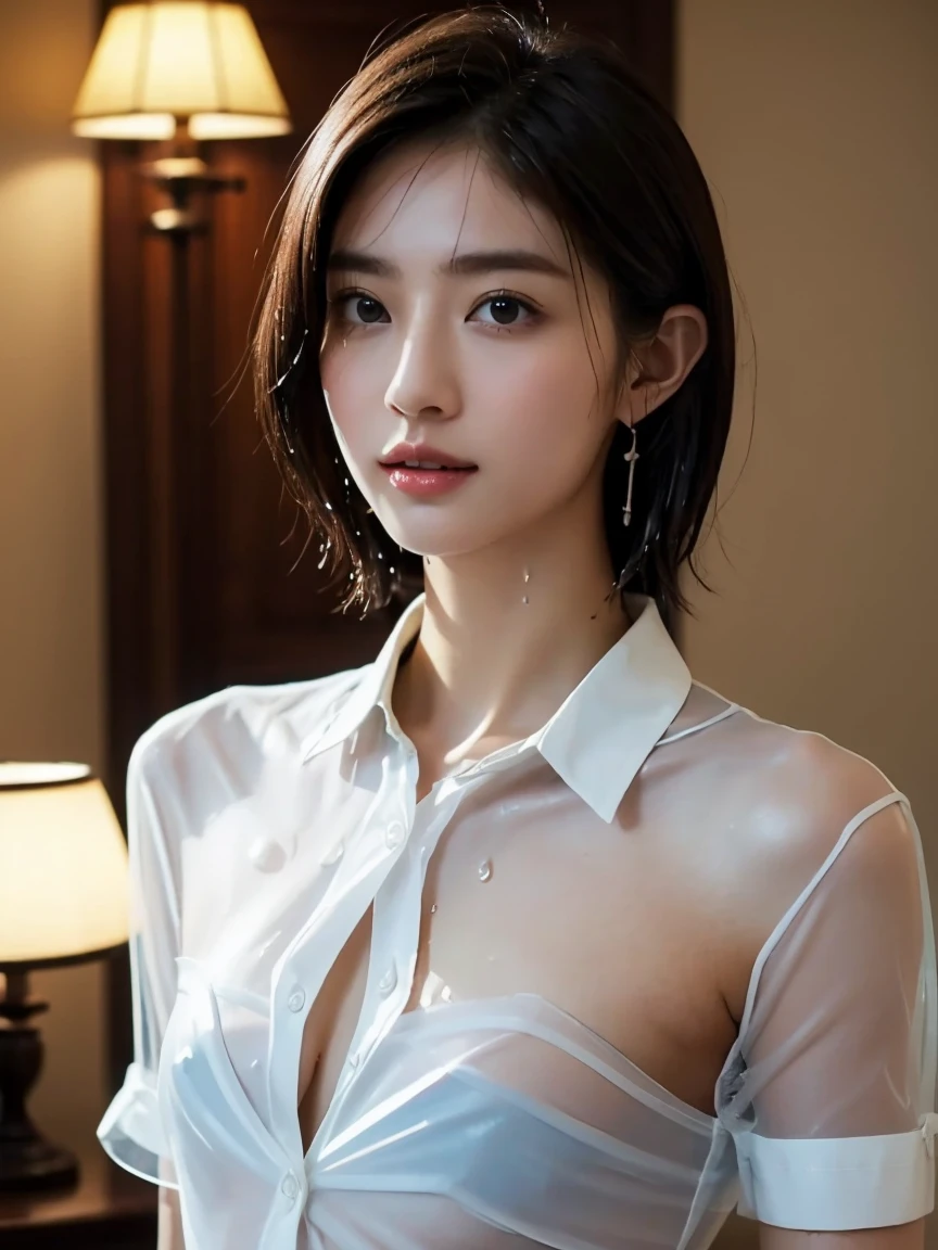 masterpiece:1.2, Very detailed, Ultra-high resolution, Realistic, photo Realistic:1.6, High-resolution RAW color photos, Professional photos, Sharp focus:1.2, Very detailed顔と肌の質感, Very beautiful eyes, Glossのある肌, Glowing Skin, Glowing Skin, Shining Face, Gloss, Oily skin, greasy face, Oily skin, greasy face,, real Glossのある肌 texture, Perfect Anatomy, Very detailed背景,(Luxury resort room at night)),1 female,2 woman, Japanese women,height: 168cm,short hair, Straight hair, bangs, Brown Hair,((Flat Chest:1.6)), (See-through white short-sleeved collared shirt),(A wet and very transparent shirt:1.6),(Open shirt:1.3),Luxury earrings、Luxury Necklace、A wet and very transparent shirt、A wet and very transparent shirt、Invite to sex