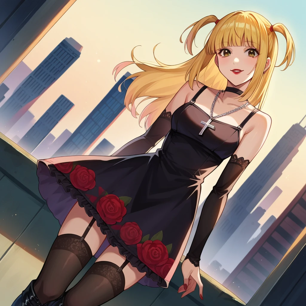 score_9, score_8_up, score_7_up, source_anime,
misaamane, misa amane, long hair, bangs, brown eyes, yellow hair, blunt bangs, two side up, red lips, lipstick, smile,
thighhighs, dress, jewelry, collarbone, boots, detached sleeves, choker, black thighhighs, necklace, black footwear, black dress, sleeveless dress, garter straps, black choker, short dress, floral print, cross, red nails, cross necklace,
outdoors, cityscape,
looking at viewer, dutch angle, cowboy shot