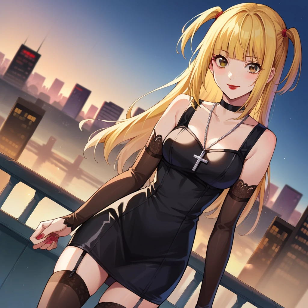 score_9, score_8_up, score_7_up, source_anime,
misaamane, misa amane, long hair, bangs, brown eyes, yellow hair, blunt bangs, two side up, red lips, lipstick, smile,
thighhighs, dress, jewelry, collarbone, boots, detached sleeves, choker, black thighhighs, necklace, black footwear, black dress, sleeveless dress, garter straps, black choker, short dress, floral print, cross, red nails, cross necklace,
outdoors, cityscape,
looking at viewer, dutch angle, cowboy shot