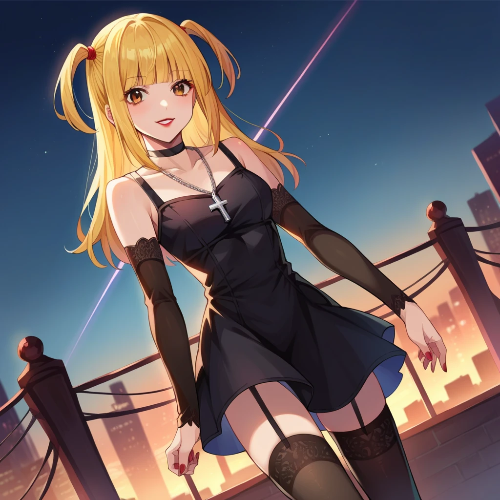 score_9, score_8_up, score_7_up, source_anime,
misaamane, misa amane, long hair, bangs, brown eyes, yellow hair, blunt bangs, two side up, red lips, lipstick, smile,
thighhighs, dress, jewelry, collarbone, boots, detached sleeves, choker, black thighhighs, necklace, black footwear, black dress, sleeveless dress, garter straps, black choker, short dress, floral print, cross, red nails, cross necklace,
outdoors, cityscape,
looking at viewer, dutch angle, cowboy shot