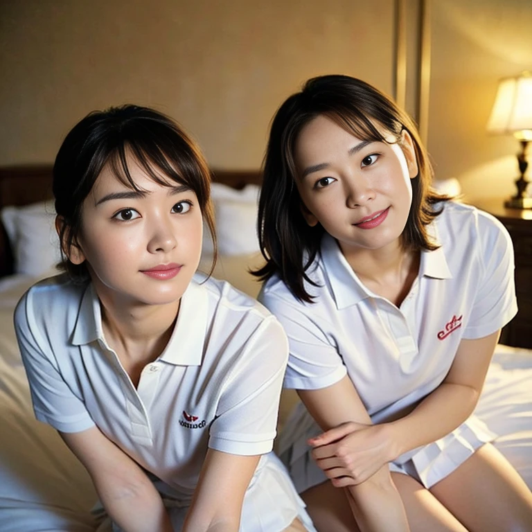 arms behind back, (Masterpiece, Best quality:1.4), (Ultra realistic, Photo-realistic:1.2), From above, Looking up, Natural light, 2 actress, Japanese women, Neat and clean, (white Tennis uniform, White short-sleeve polo shirt, White pleated skirt:1.2), (unbutton:1.3), (Ponytail:1.2), Short wavy hair, Light brown hair color, (Beautiful Face), Oval face, clear, (Beautiful eyes, Kind eyes), Wet skin, Clear skin, Small face, (Small mouth), (Beautiful mouth), Natural makeup, Approachable, Luxury hotel Suite room, On bed, Seductive smile, (Seductive pose:1.3), Beautiful thighs, (Bedroom eyes), (nsfw), ecstasy, (lesbian couple), (petting together:1.1), obscene reality of girls, (erotic pose), 