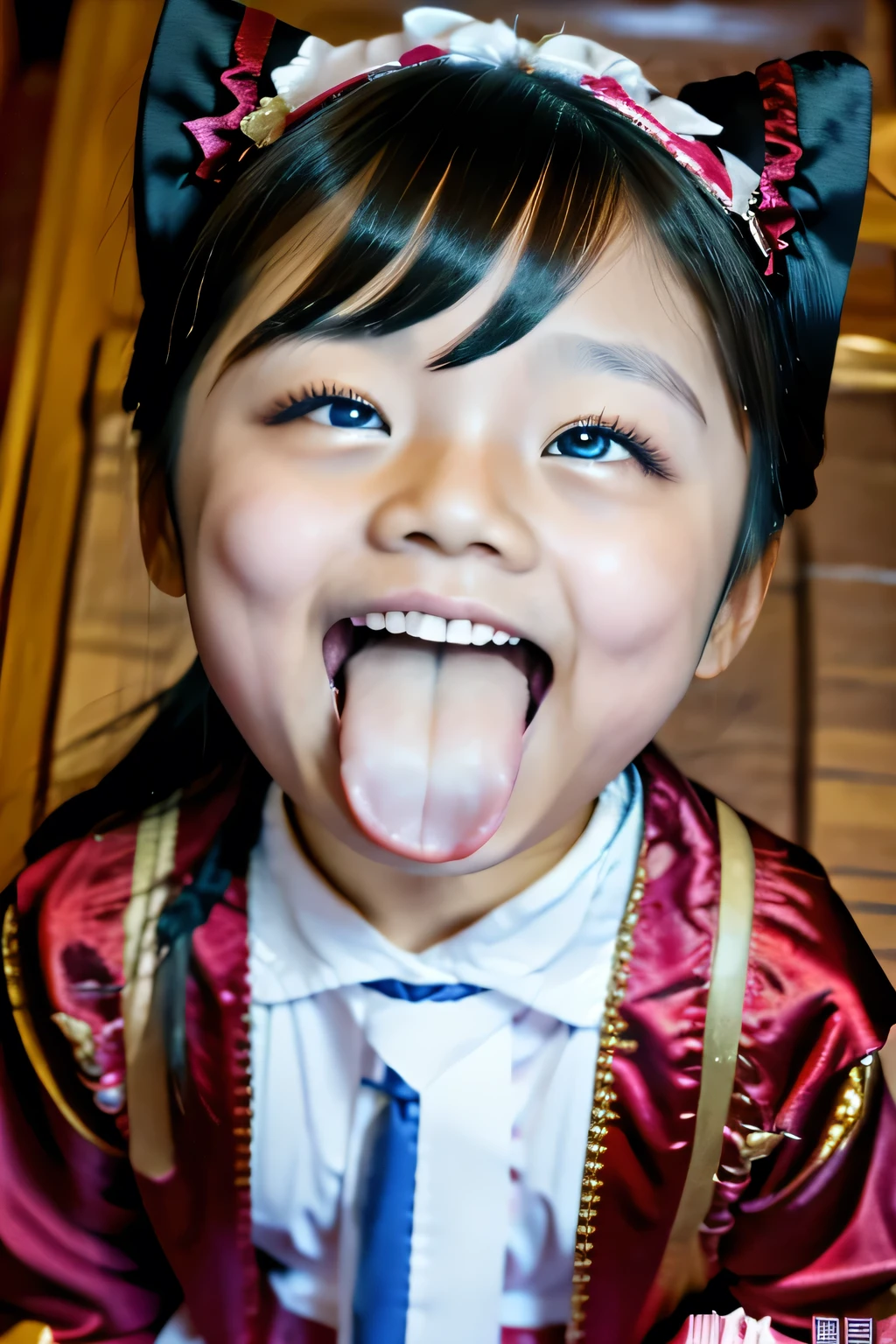 Chinese,,,woman,Show only the face,A scary smile,Open your mouth and eyes wide,stick your long tongue out of your mouth