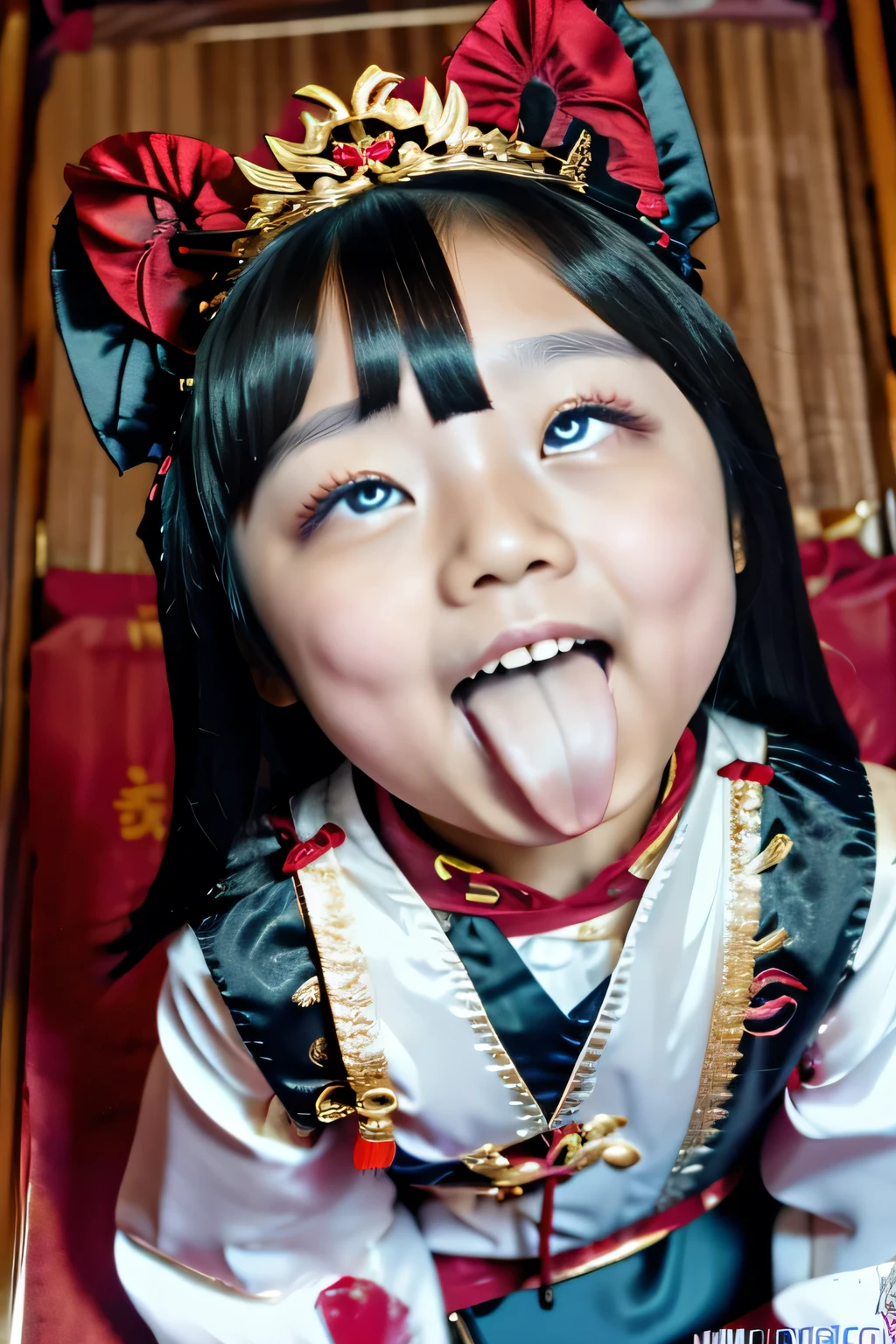 Chinese,National costume,,,woman,Show only the face,A scary smile,Open your mouth and eyes wide,stick your long tongue out of your mouth