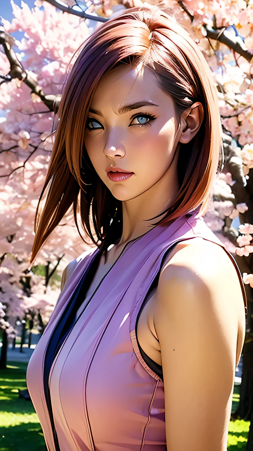 Ino Yamanaka, naruto \(series\), naruto shippuuden, 1girl, bangs,elbow sleeve, eyes visible through hair, floating hair, forehead protector, foreshortening, green eyes, hair intakes, hairband, looking at viewer, parted bangs, pink hair, red shirt, shirt, short hair, sleeveless, sleeveless shirt, solo, upper body, v-shaped eyebrows, ((masterpiece)), (best quality, highres:1.2), 1girl, beautiful detailed eyes, beautiful detailed lips, extremely detailed eyes and face, long eyelashes, HDR, studio lighting, sharp focus, physically-based rendering, extreme detail description, portraiting breasts, perfect shape, facing viewer, sweaty, gorgeous, appearing in full frame, good-looking, Beautiful fair skin and luster, Beautiful eyes are big and bright, Small mouth and thin lips, Goodness of style and slendernes), beautiful girl illuminated by seven colors of light, Irridescent coloe, showing off her figure, seductive and confident, enchanting aura, surrounded by cherry blossom trees, delicate and vibrant petals falling all around her, sunlight filtering through the trees, creating a warm and dreamy atmosphere
